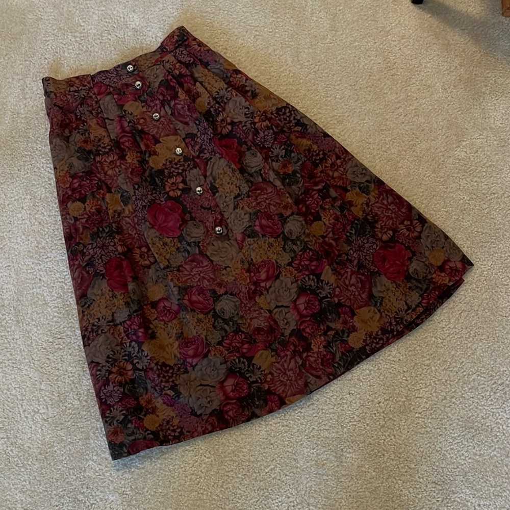 Basler Floral A-Line Skirt in Burgundy, Mustard, Olive